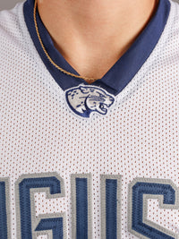 Augusta University men's basketball jersey by Arena Graffiti, navy blue with white number 28 and university logo on front.