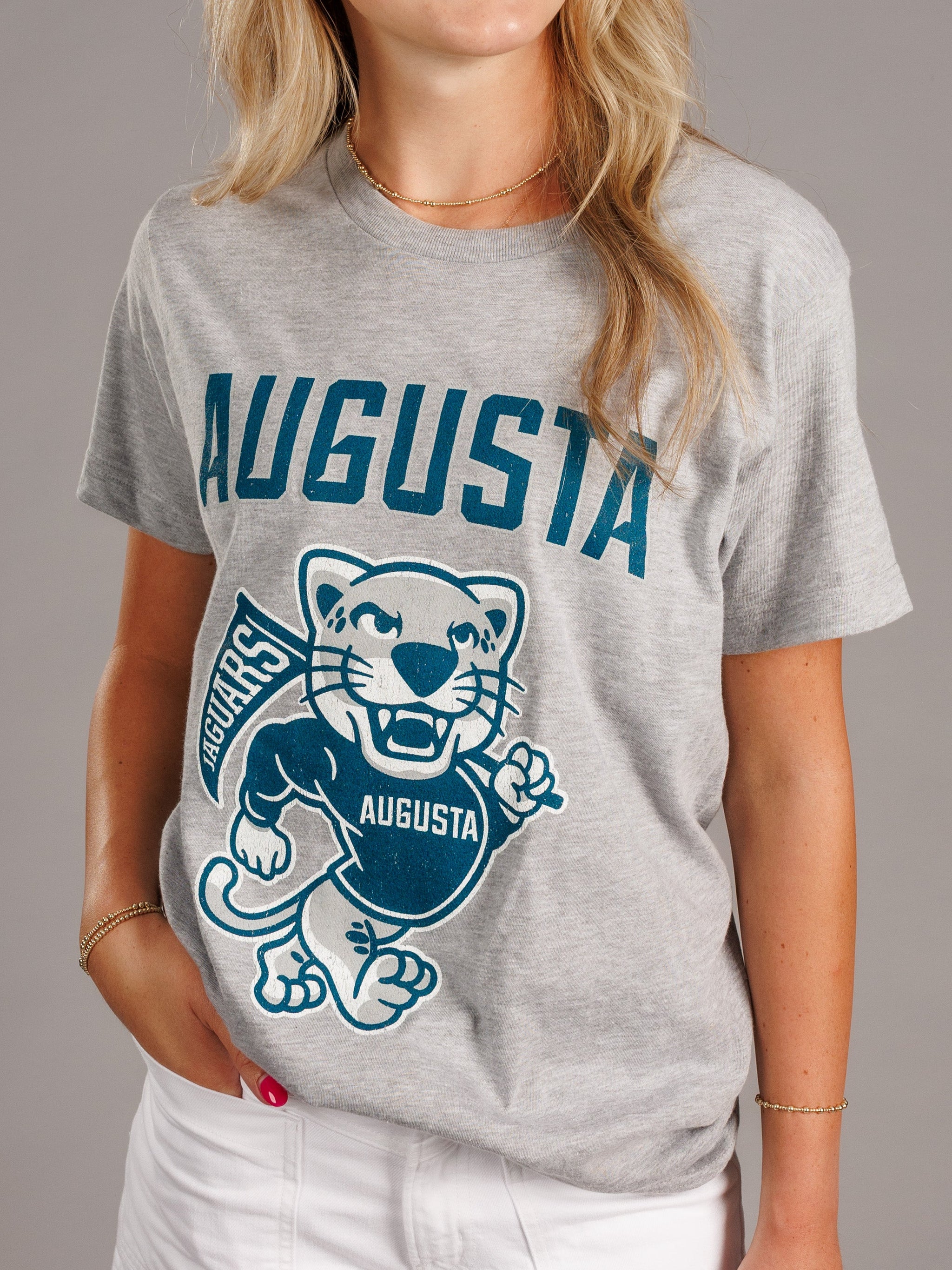Grey Augusta University men's "Augusta Walking Jag" T-shirt by Arena Graffiti, featuring university logo and casual fit.