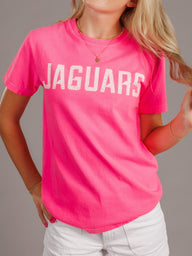 Pink men's T-shirt featuring Augusta University Jaguars logo by Arena Graffiti, casual athletic apparel for fans.