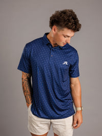 Men's Augusta University "A Dot" Polo by Arena Graffiti, featuring a navy polo shirt with Augusta University logo and branding.