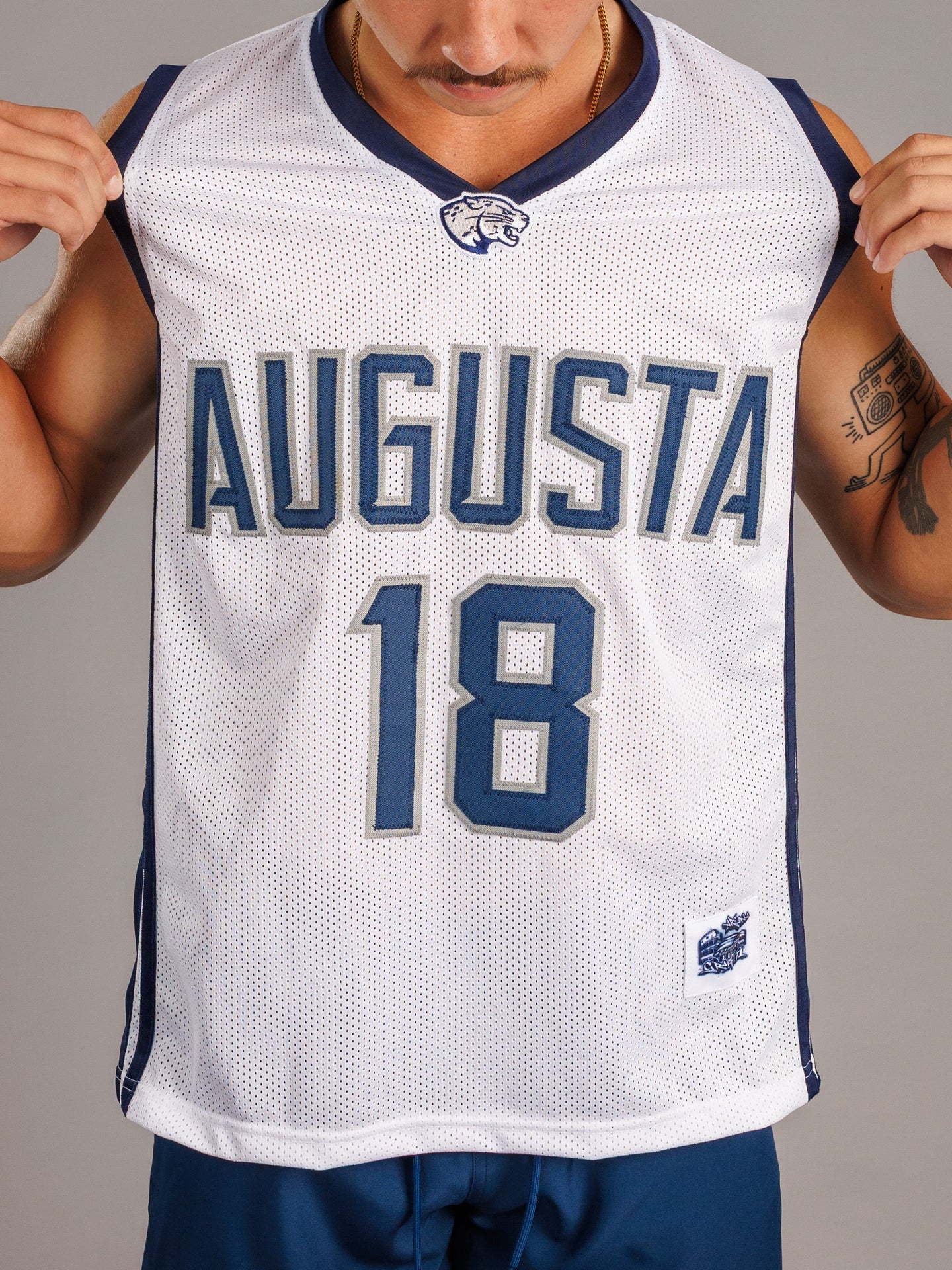 Augusta University men's 18-inch basketball jersey by Arena Graffiti, featuring team colors and athletic design.