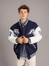 Augusta University men's varsity letterman jacket by Arena Graffiti, featuring university logo and classic wool and leather design.
