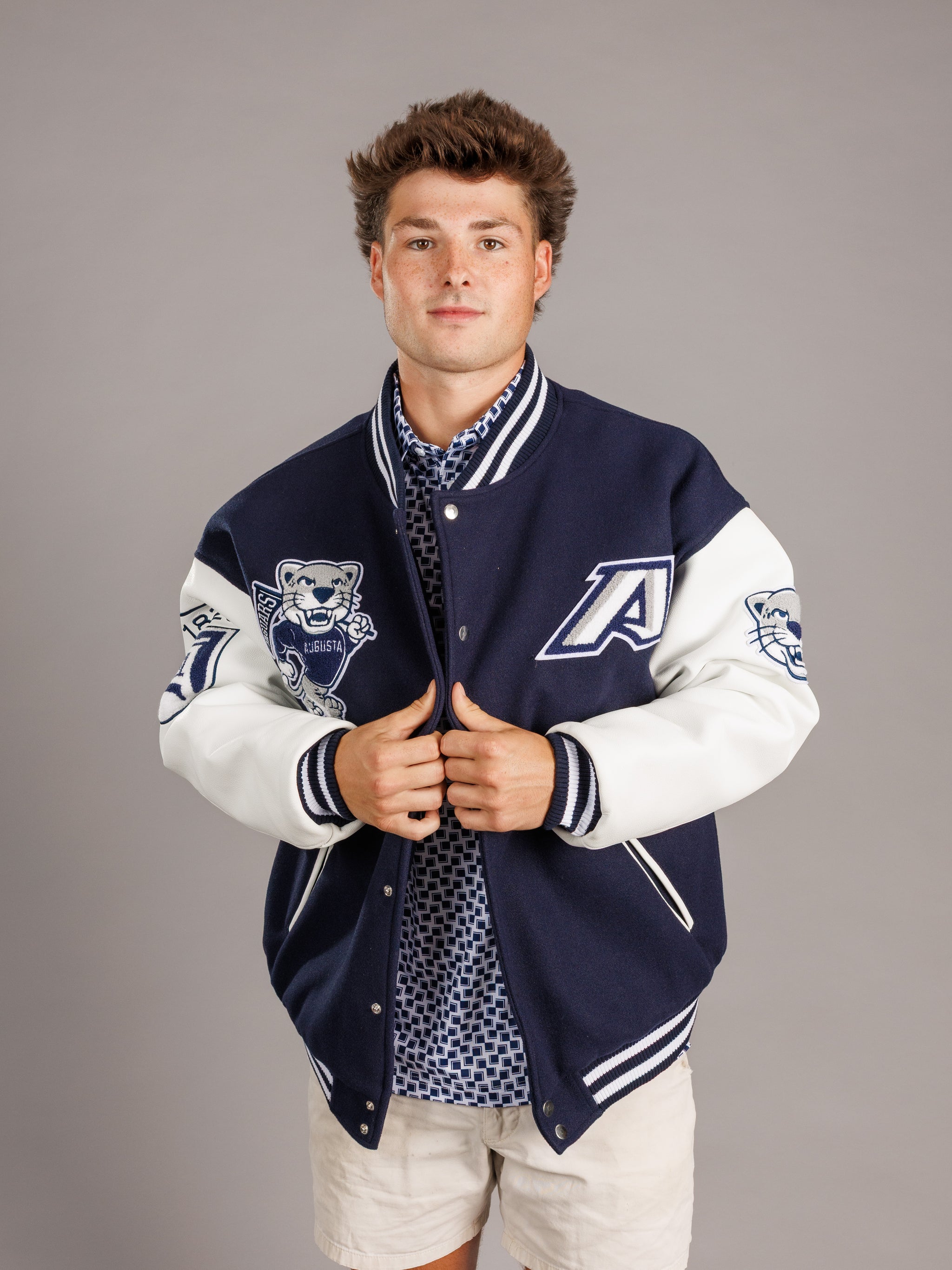 Augusta University men's varsity letterman jacket by Arena Graffiti, featuring university logo and classic wool and leather design.