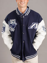 Arena Graffiti Augusta University men's varsity jag letterman jacket with university emblem and striped cuffs, front view.