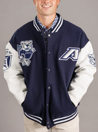 Arena Graffiti Augusta University men's varsity jag letterman jacket with university emblem and striped cuffs, front view.