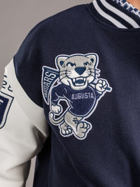 Men's varsity letterman jacket with Augusta University emblem by Arena Graffiti, featuring a wool body and leather sleeves.