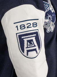 Augusta University men's varsity letterman jacket by Arena Graffiti, navy blue with university logo and letter patches.