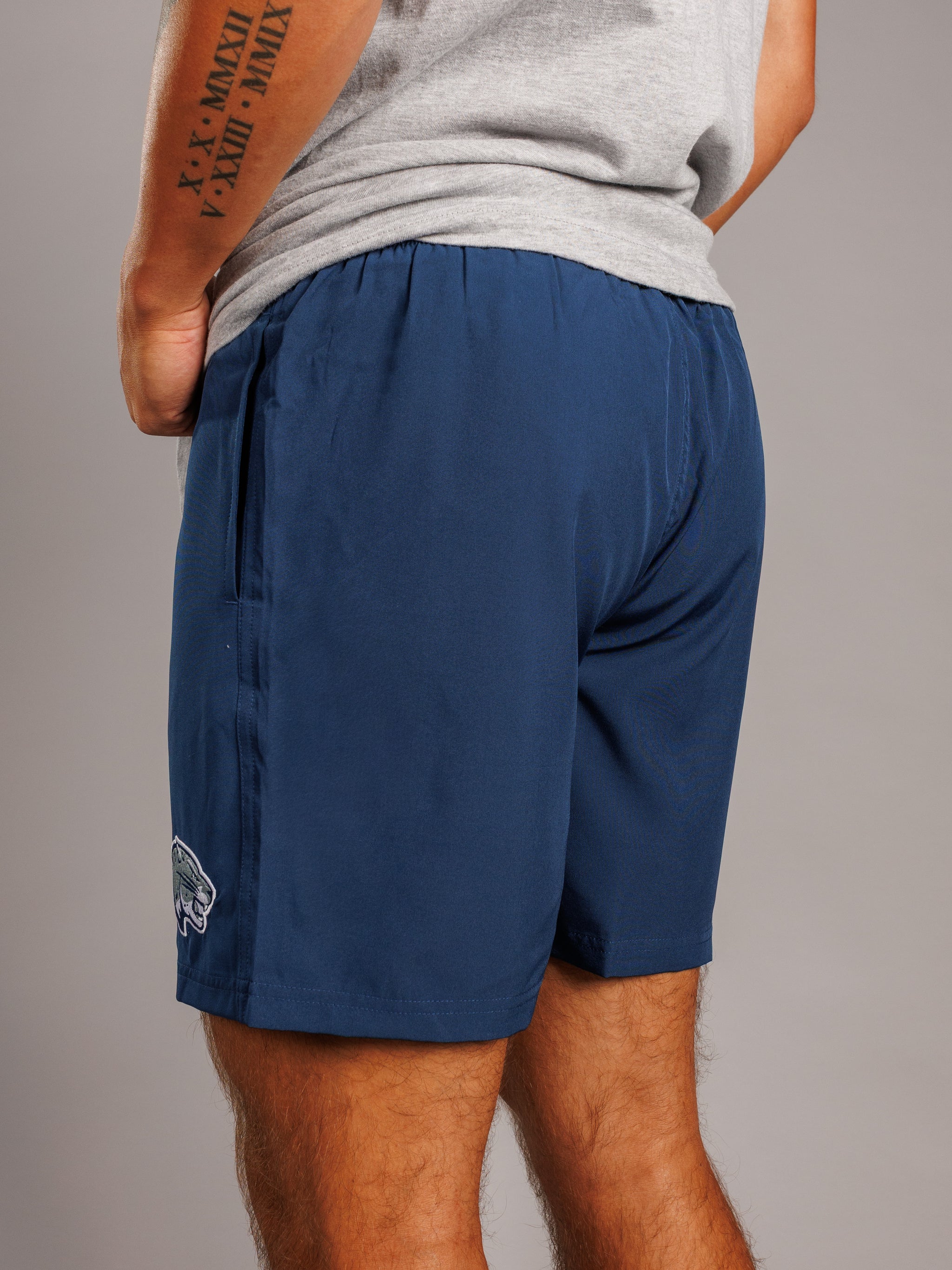 Arena Graffiti Augusta University men's navy lined shorts with jag head logo, featuring a comfortable fit and athletic style.