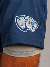 Men's navy lined shorts featuring Augusta University "Jag Head" logo, made by Arena Graffiti, casual athletic wear.