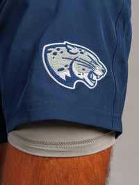 Men's navy lined shorts featuring Augusta University "Jag Head" logo, made by Arena Graffiti, casual athletic wear.