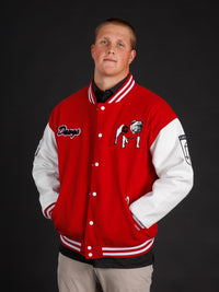 UGA Bulldogs men's Redline Varsity Letterman Jacket by Arena Graffiti, featuring team logo and classic varsity style in red and white.