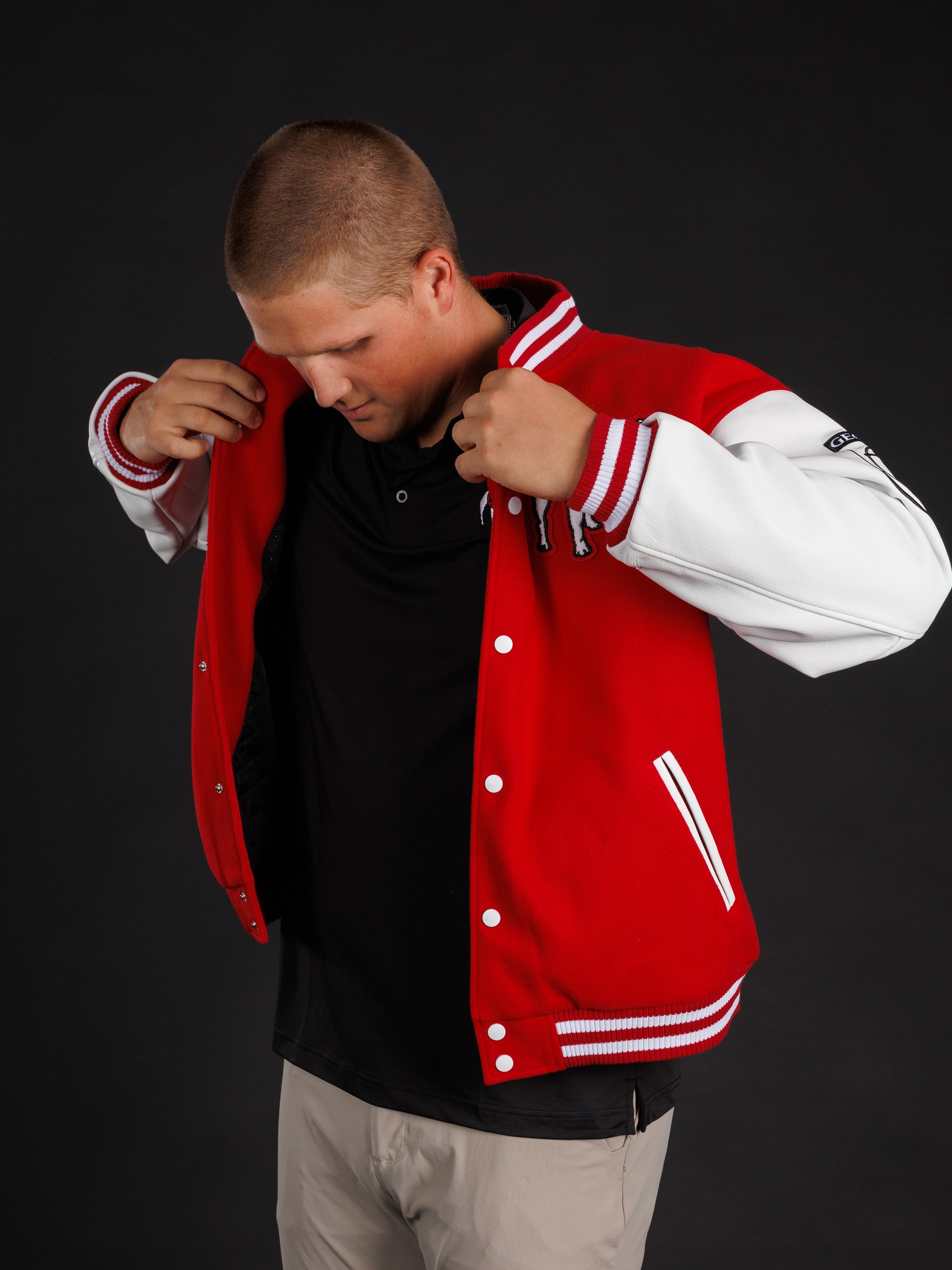 UGA Bulldogs men's Redline Varsity Letterman Jacket by Arena Graffiti, featuring team logo and classic varsity style.