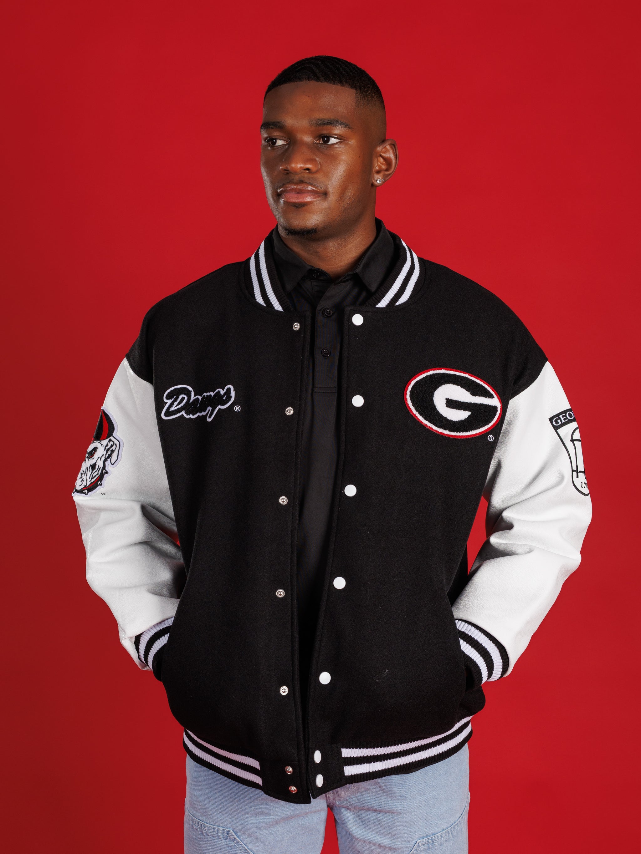 UGA Bulldogs men's Iron Varsity Letterman jacket by Arena Graffiti, featuring team logo and varsity style details.