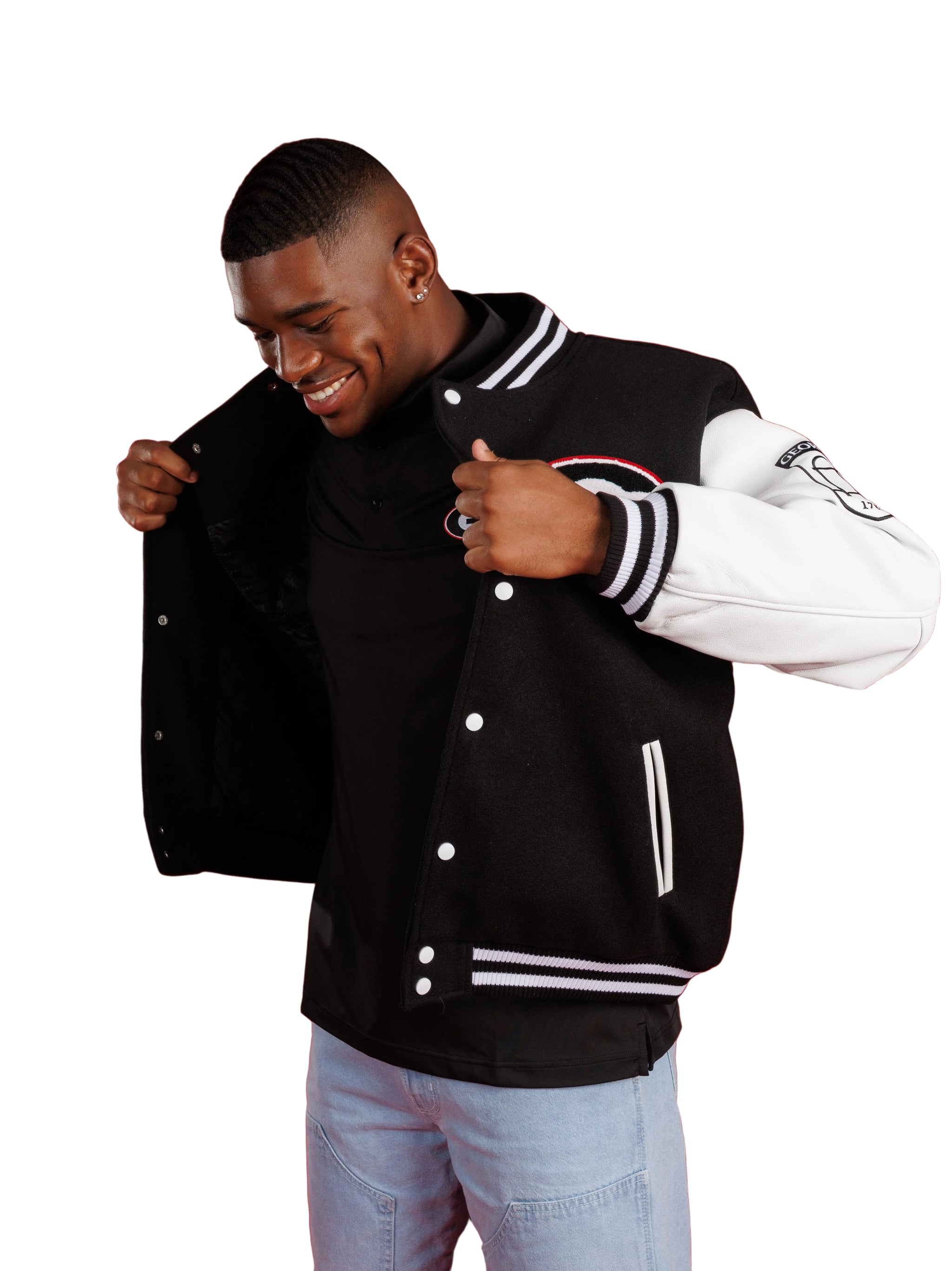UGA Bulldogs men's Iron Varsity letterman jacket by Arena Graffiti, navy with team emblem and striped cuffs on a model.