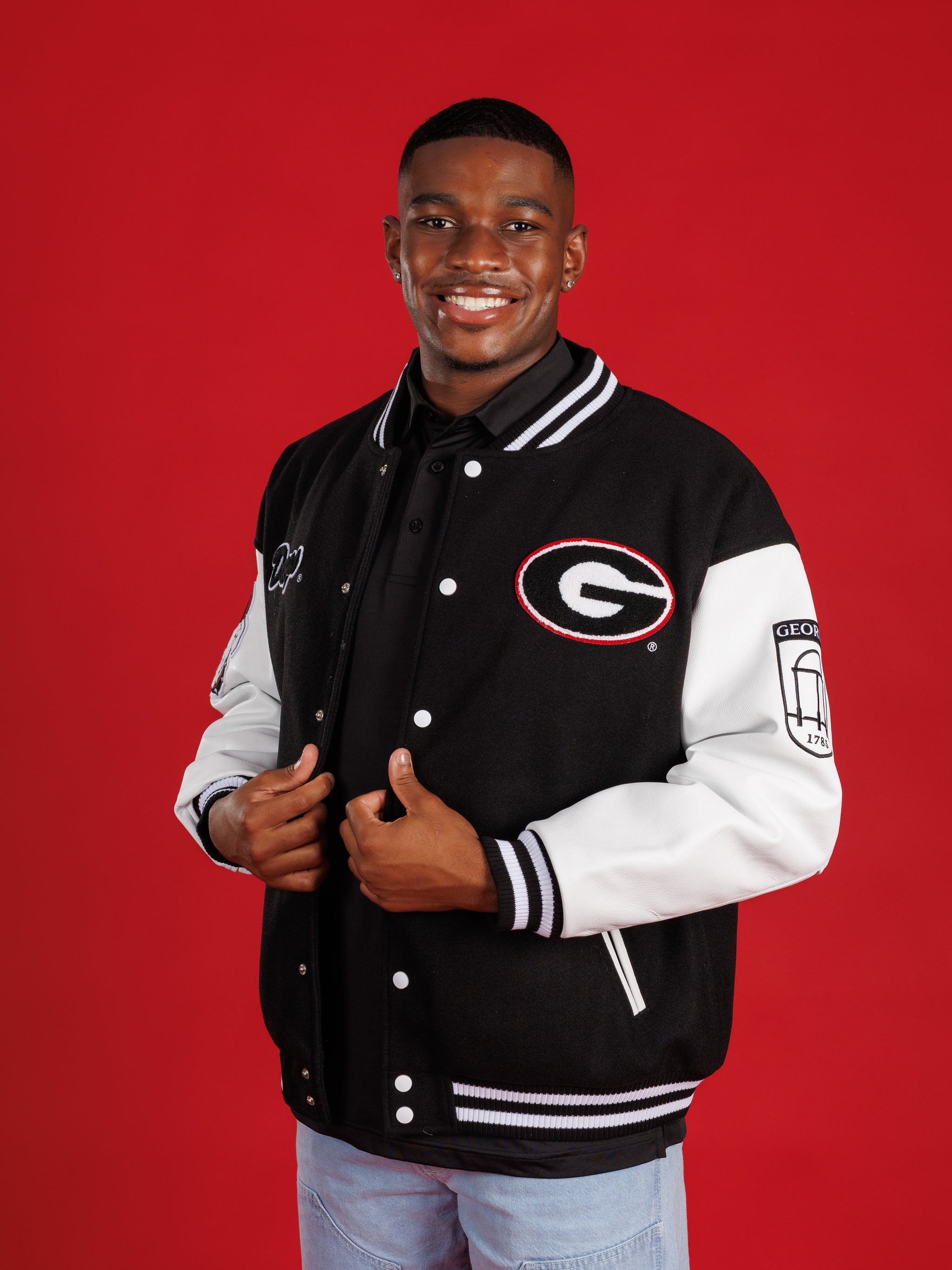 UGA Bulldogs men's Iron Varsity letterman jacket by Arena Graffiti, navy with team logo and varsity lettering, front view