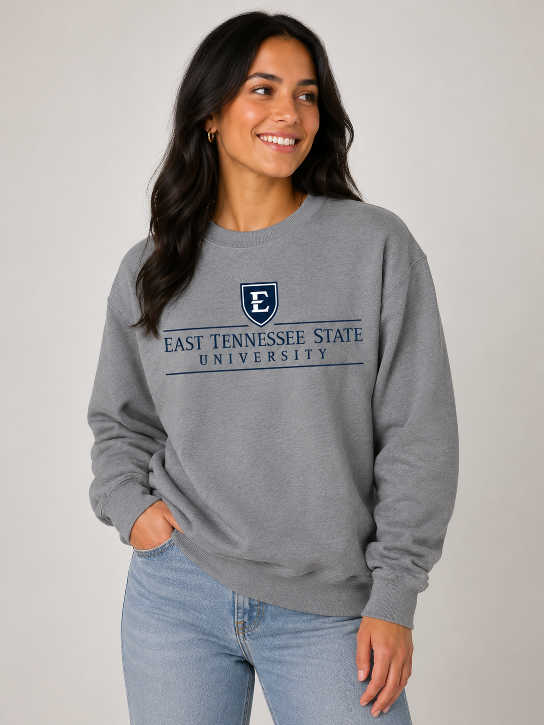 ETSU Unisex | "E Shield East Tennessee State" Grey Crew Neck