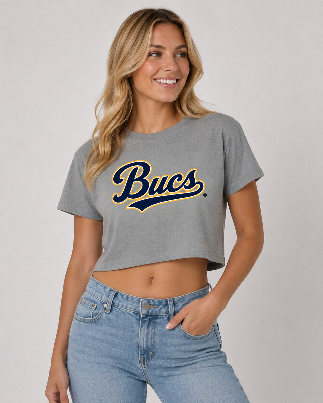 ETSU Women's | "Bucs Script" Grey Crop Top