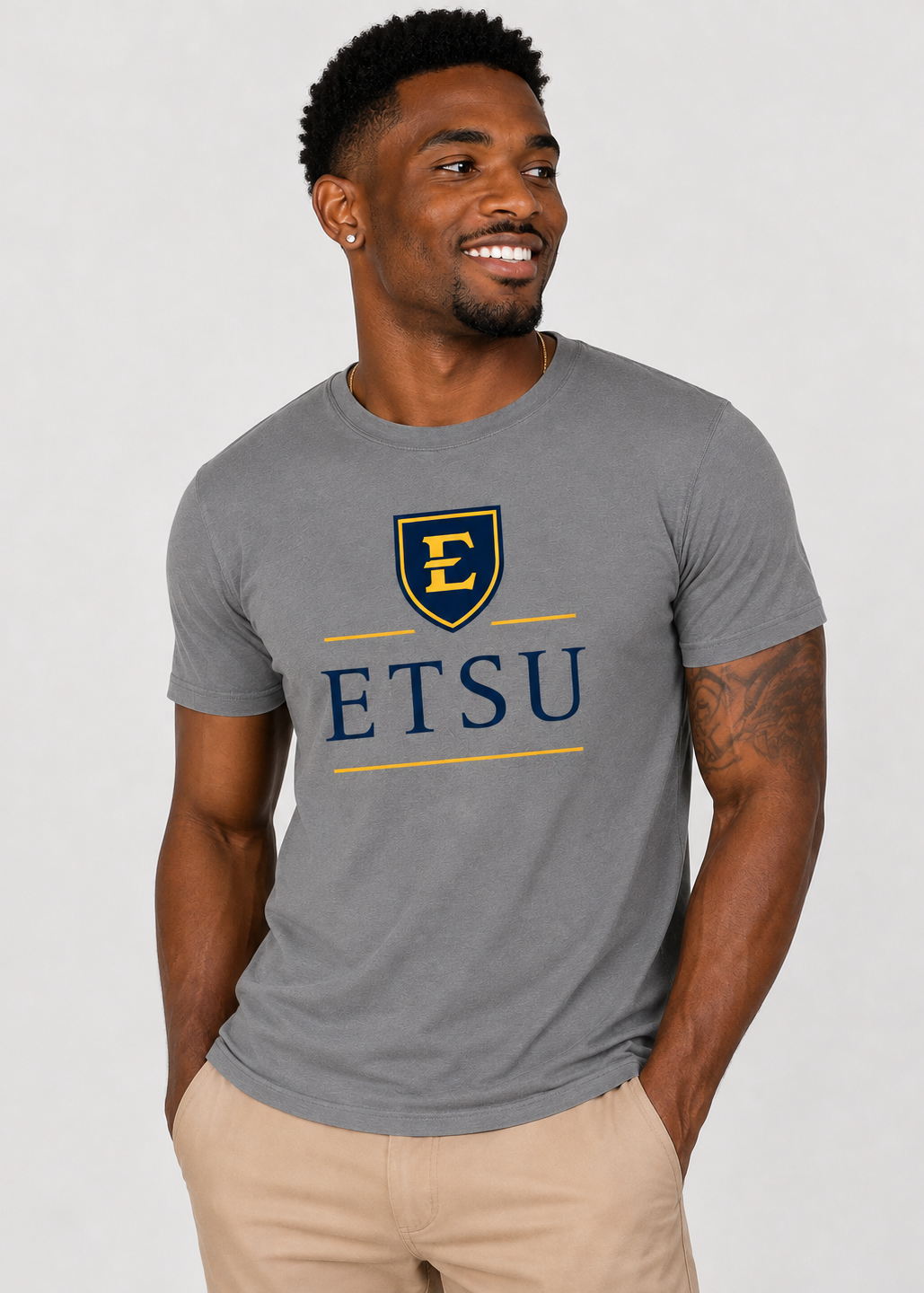 ETSU Unisex | "E Shield Stack" Grey Cotton Tee