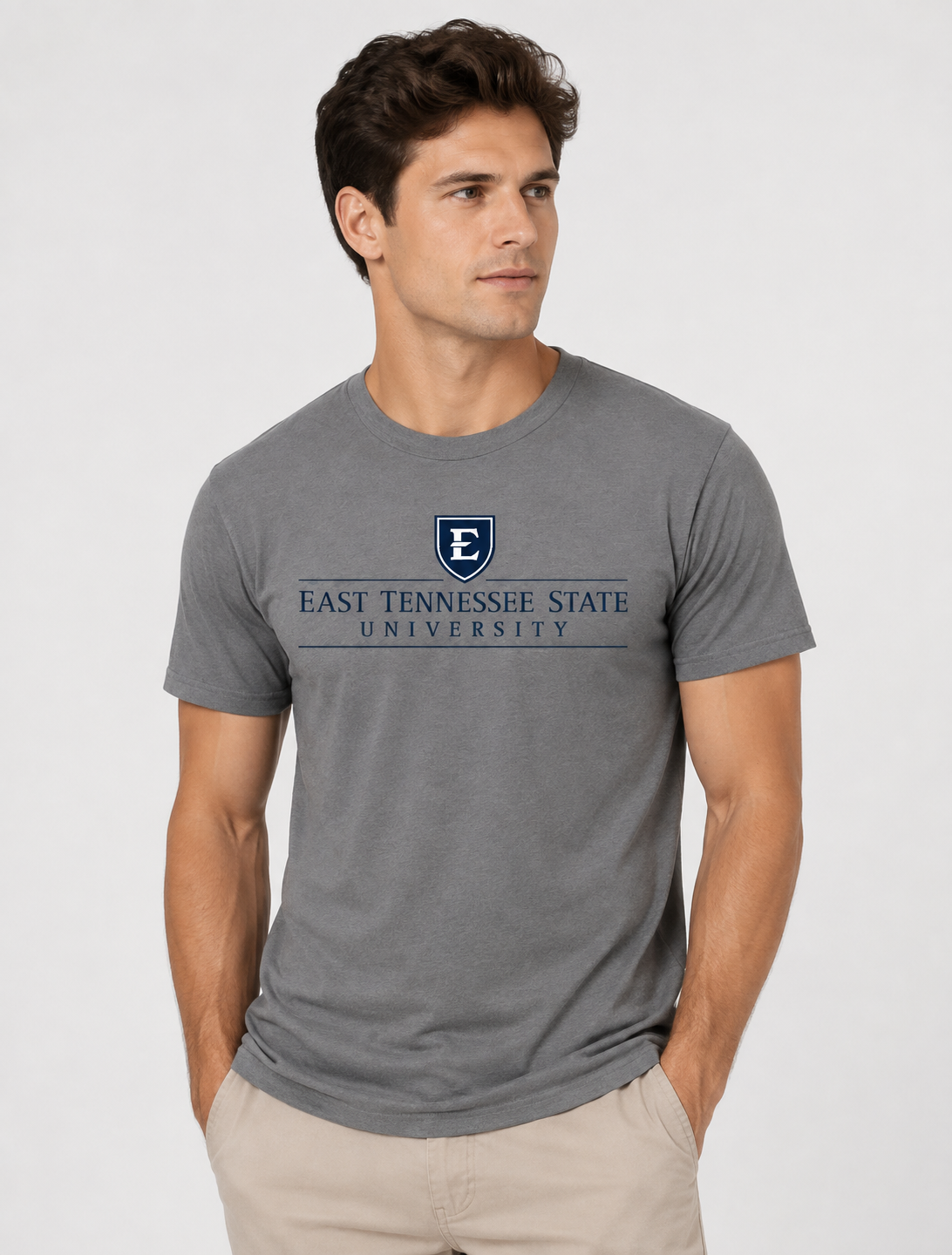 ETSU Unisex | "East Tennessee State w/ E Shield" Grey Cotton Tee