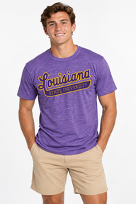LSU The Varsity Vault Unisex Tee | "Louisiana State Univ w/ Tail " Heather Purple Tee