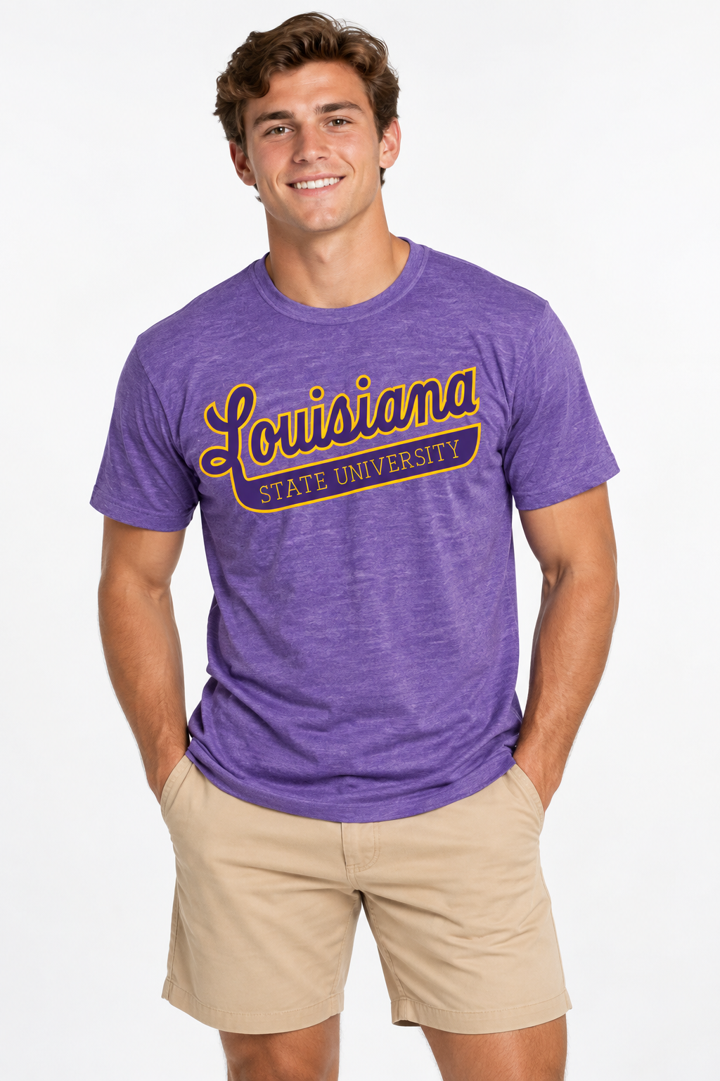LSU The Varsity Vault Unisex Tee | "Louisiana State Univ w/ Tail " Heather Purple Tee