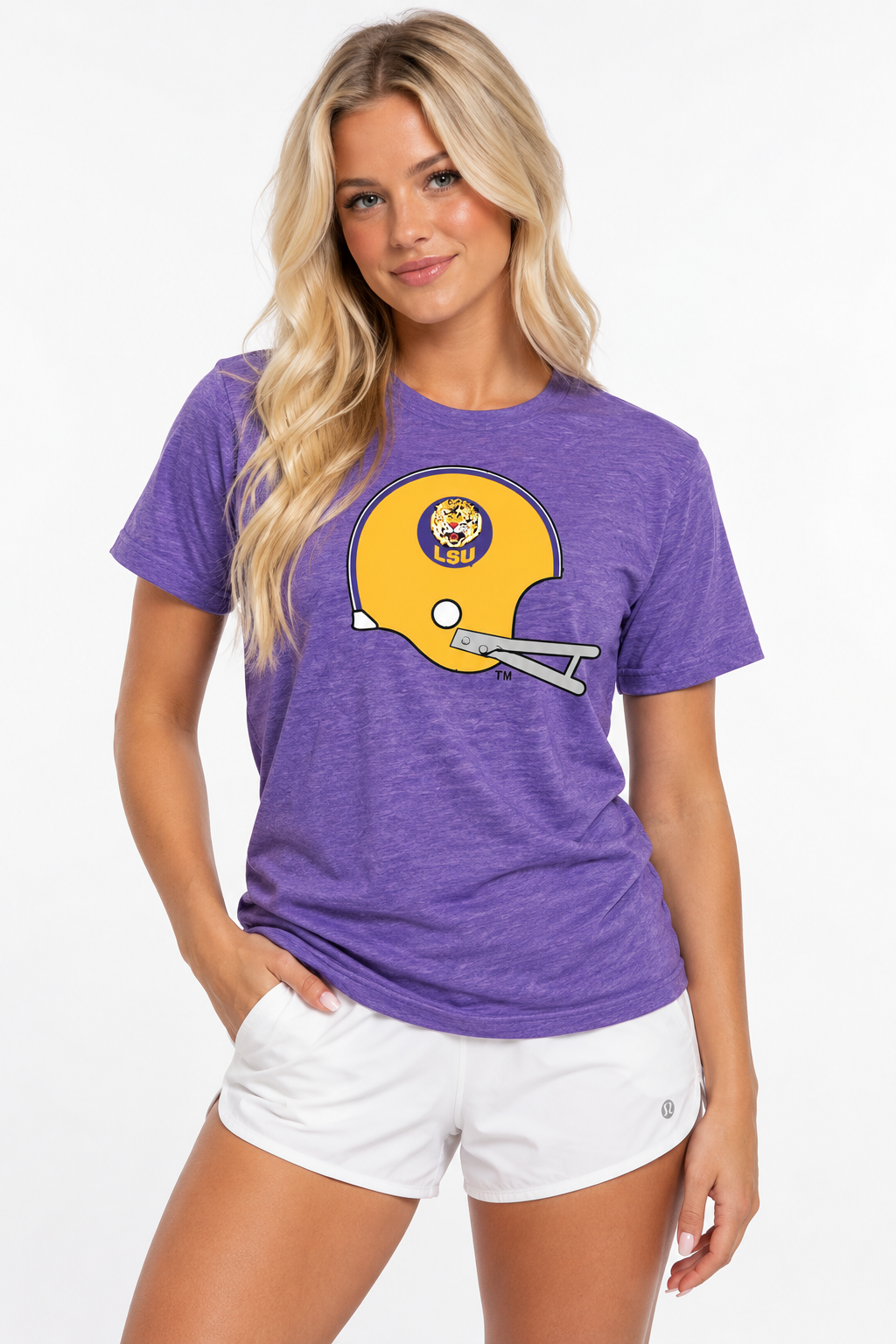 LSU The Varsity Vault Unisex Tee | "Vintage Helmet" Heather Purple Tee