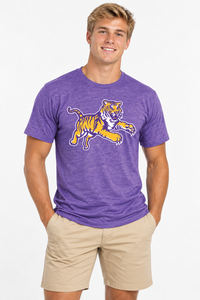 LSU The Varsity Vault Unisex Tee | "Jumping Tiger" Heather Purple Tee