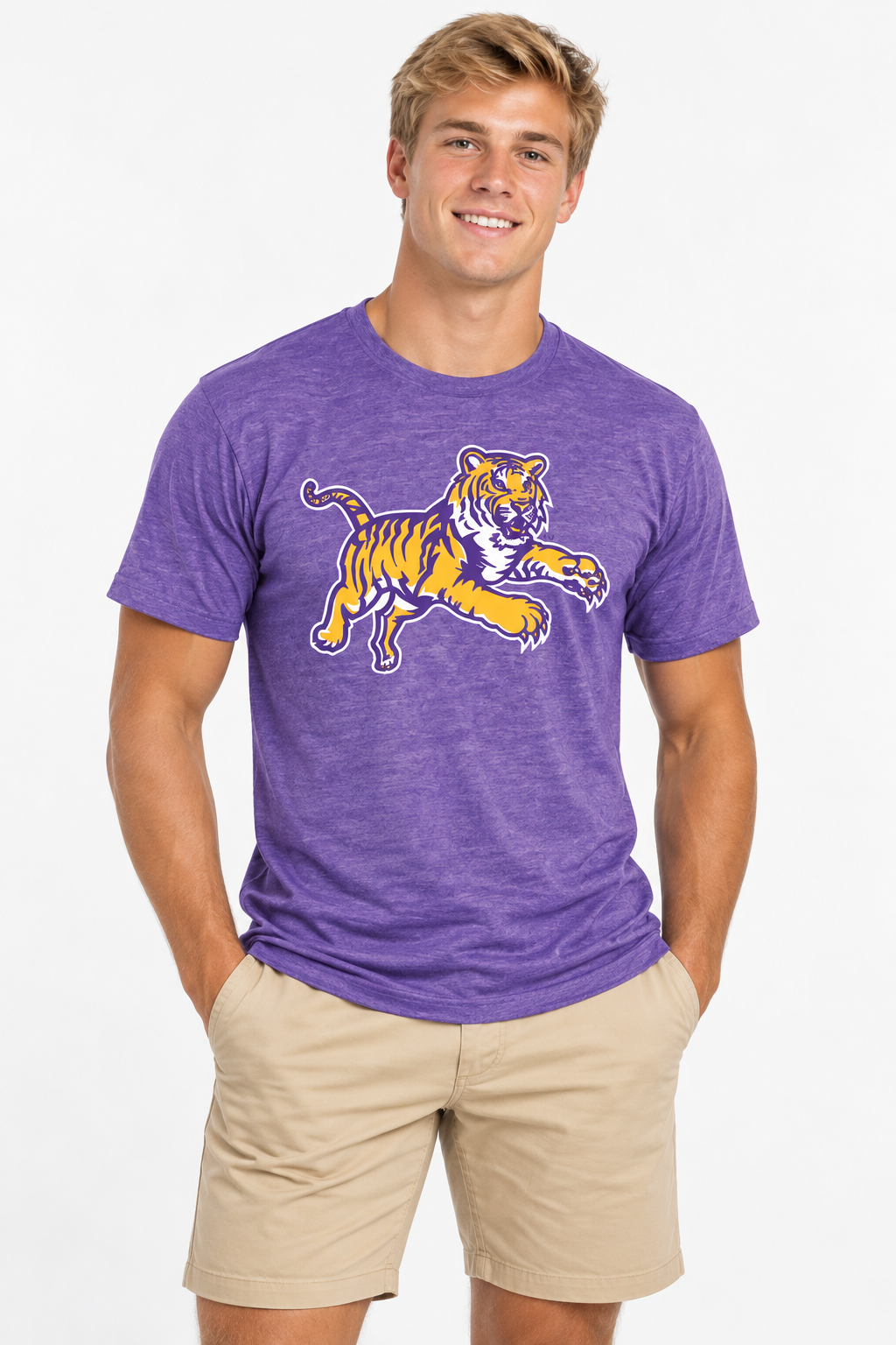 LSU The Varsity Vault Unisex Tee | "Jumping Tiger" Heather Purple Tee