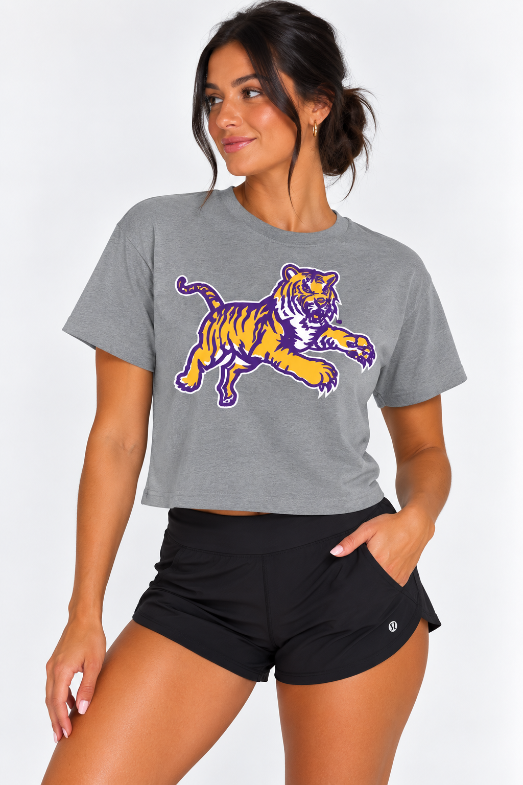 LSU  The Varsity Vault Womens | "Jumping Tiger" Grey Crop Top
