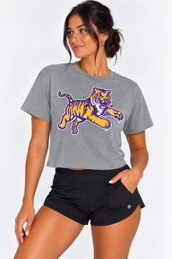LSU  The Varsity Vault Womens | "Jumping Tiger" Grey Crop Top