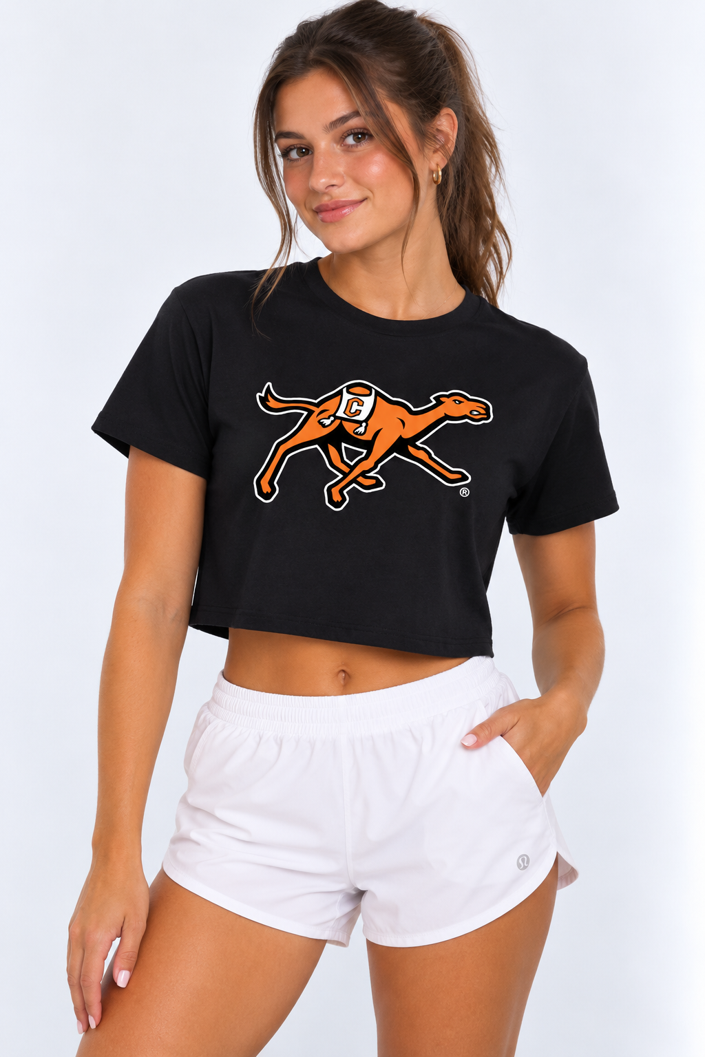 Campbell Womens | "Camel Mascot Running" Black Crop Top