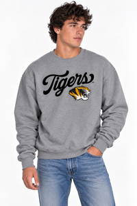 Missouri Unisex Crewneck | "Tigers Script w/ Tiger Head" Grey Crewneck