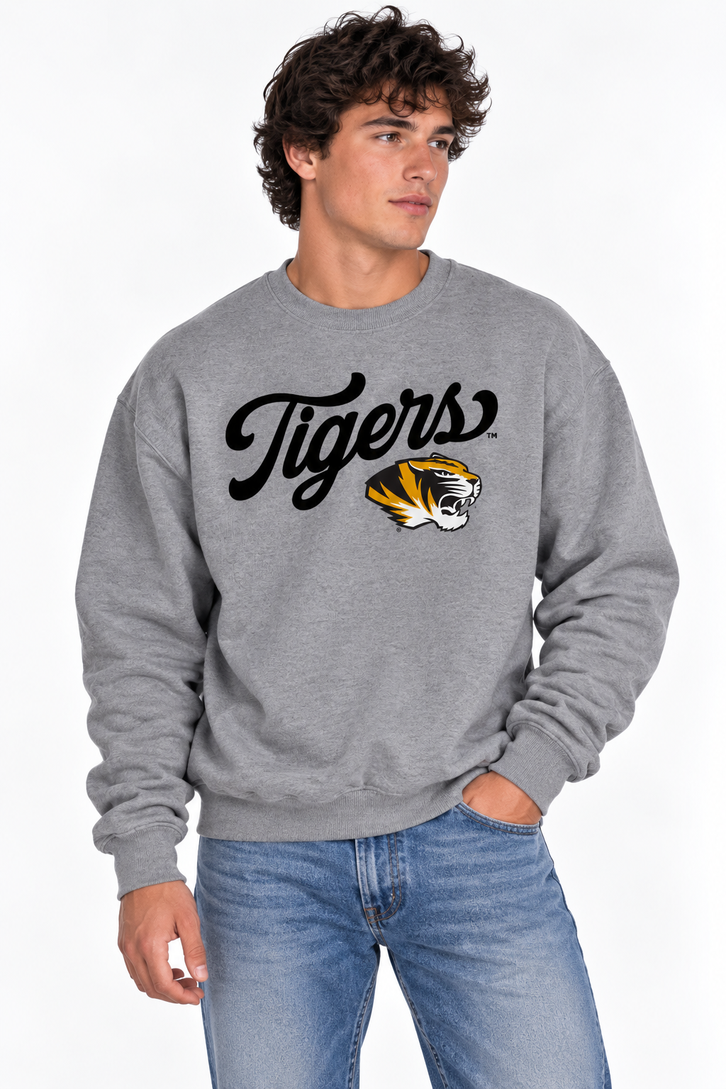Missouri Unisex Crewneck | "Tigers Script w/ Tiger Head" Grey Crewneck