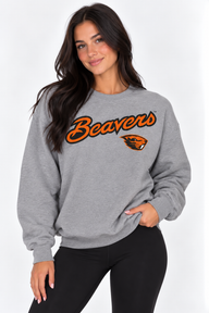 Oregon State Unisex Crewneck |"Beavers Script w/ Beaver Head" Grey Crewneck