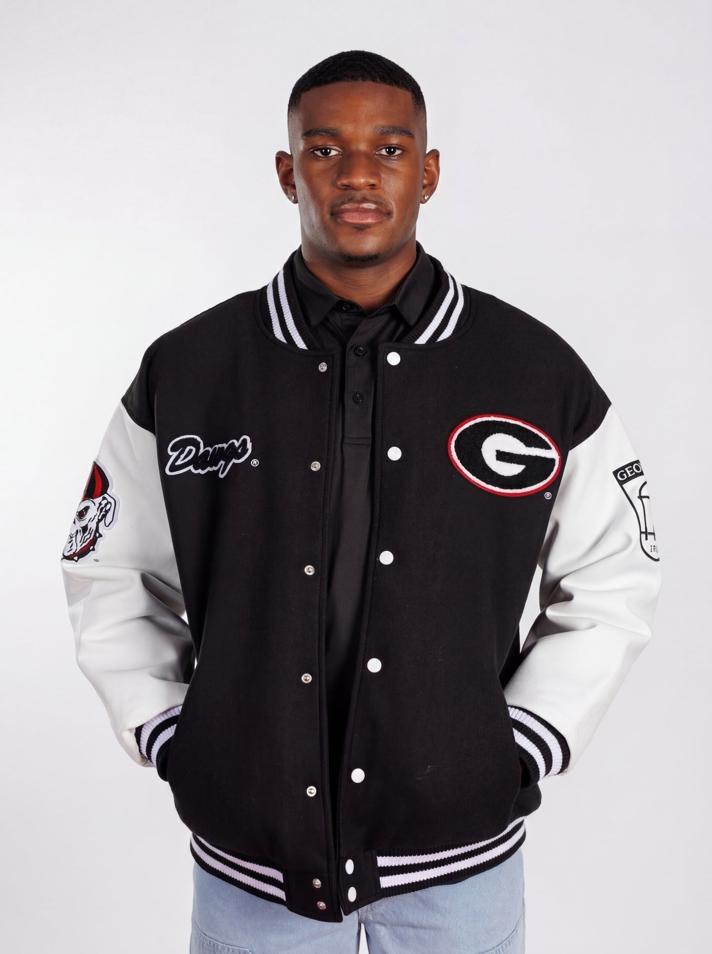 UGA Bulldogs men's Iron Varsity Letterman jacket by Arena Graffiti, blue with embroidered team logo and varsity lettering.