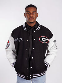 UGA Bulldogs men's Iron Varsity Letterman jacket by Arena Graffiti, blue with embroidered team logo and varsity lettering.