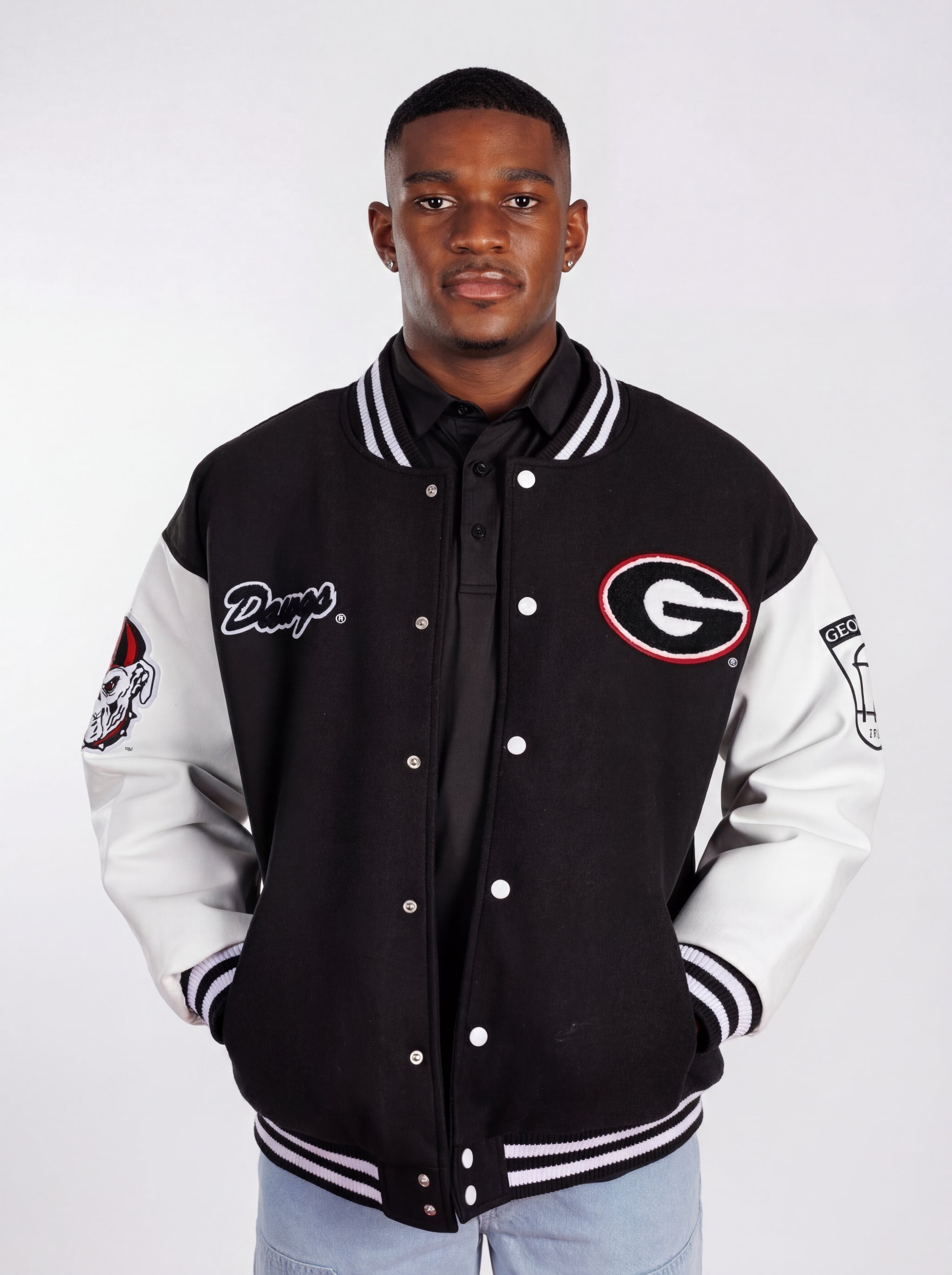 UGA Bulldogs men's Iron Varsity Letterman jacket by Arena Graffiti, blue with embroidered team logo and varsity lettering.