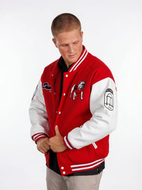 UGA Bulldogs men's Redline Varsity Letterman Jacket by Arena Graffiti, featuring red and white wool with leather sleeves and team logo.
