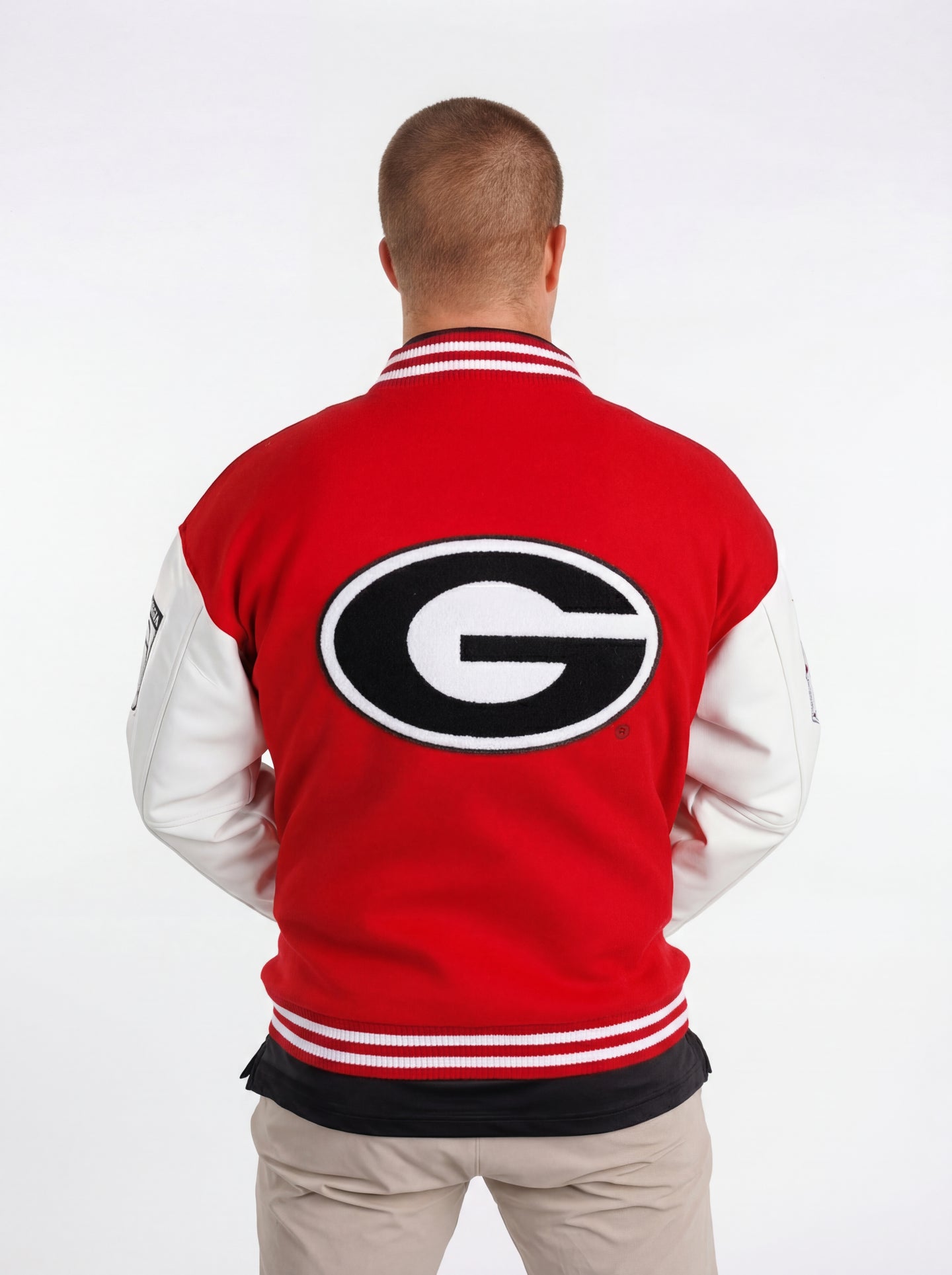 UGA Bulldogs men's Redline Varsity Letterman Jacket by Arena Graffiti, front view with red and white team logo and varsity stripes