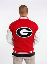 UGA Bulldogs men's Redline Varsity Letterman Jacket by Arena Graffiti, front view with red and white team logo and varsity stripes