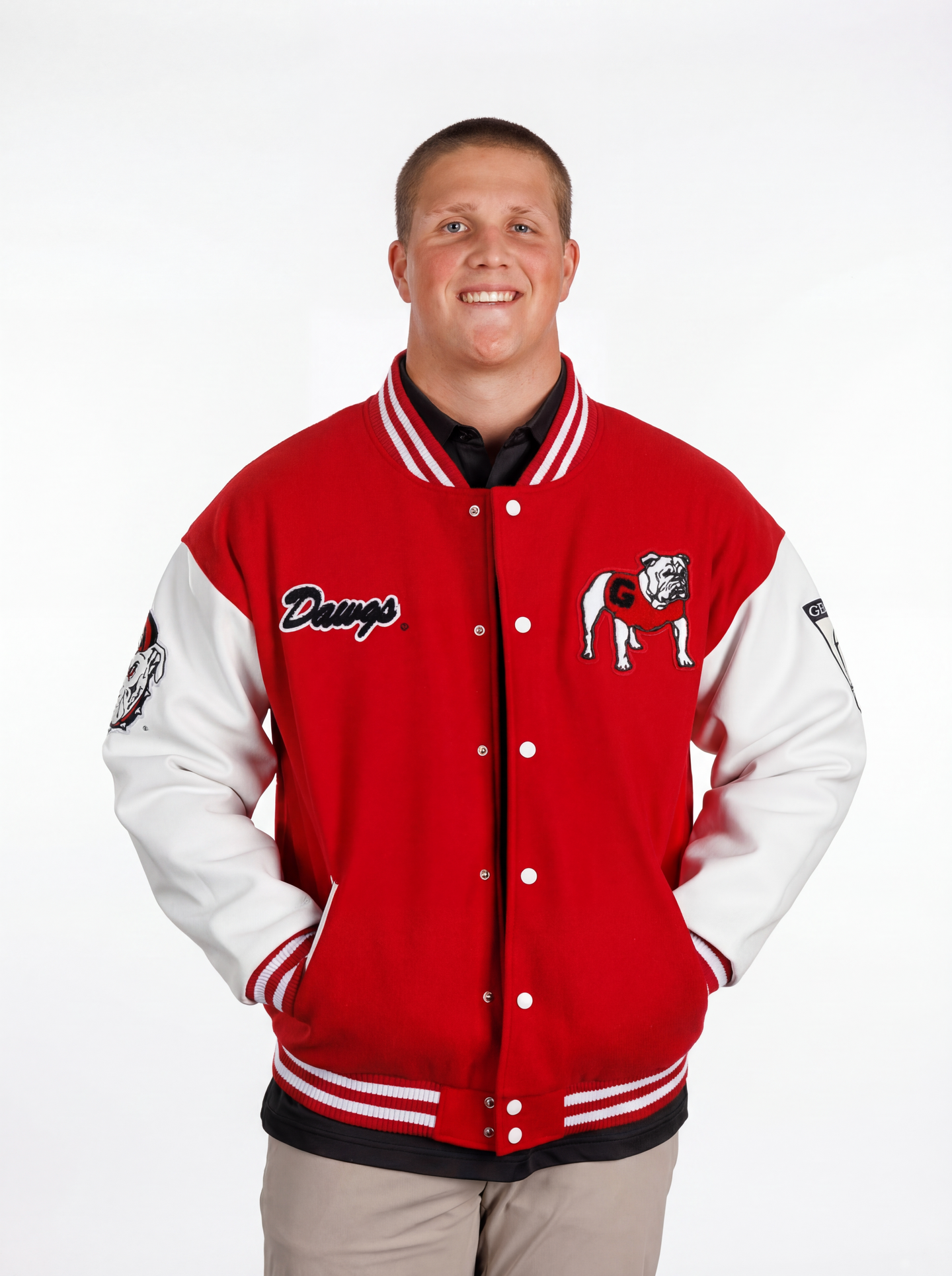 UGA Bulldogs men's Redline Varsity Letterman Jacket by Arena Graffiti with red and white team colors and letter patches.