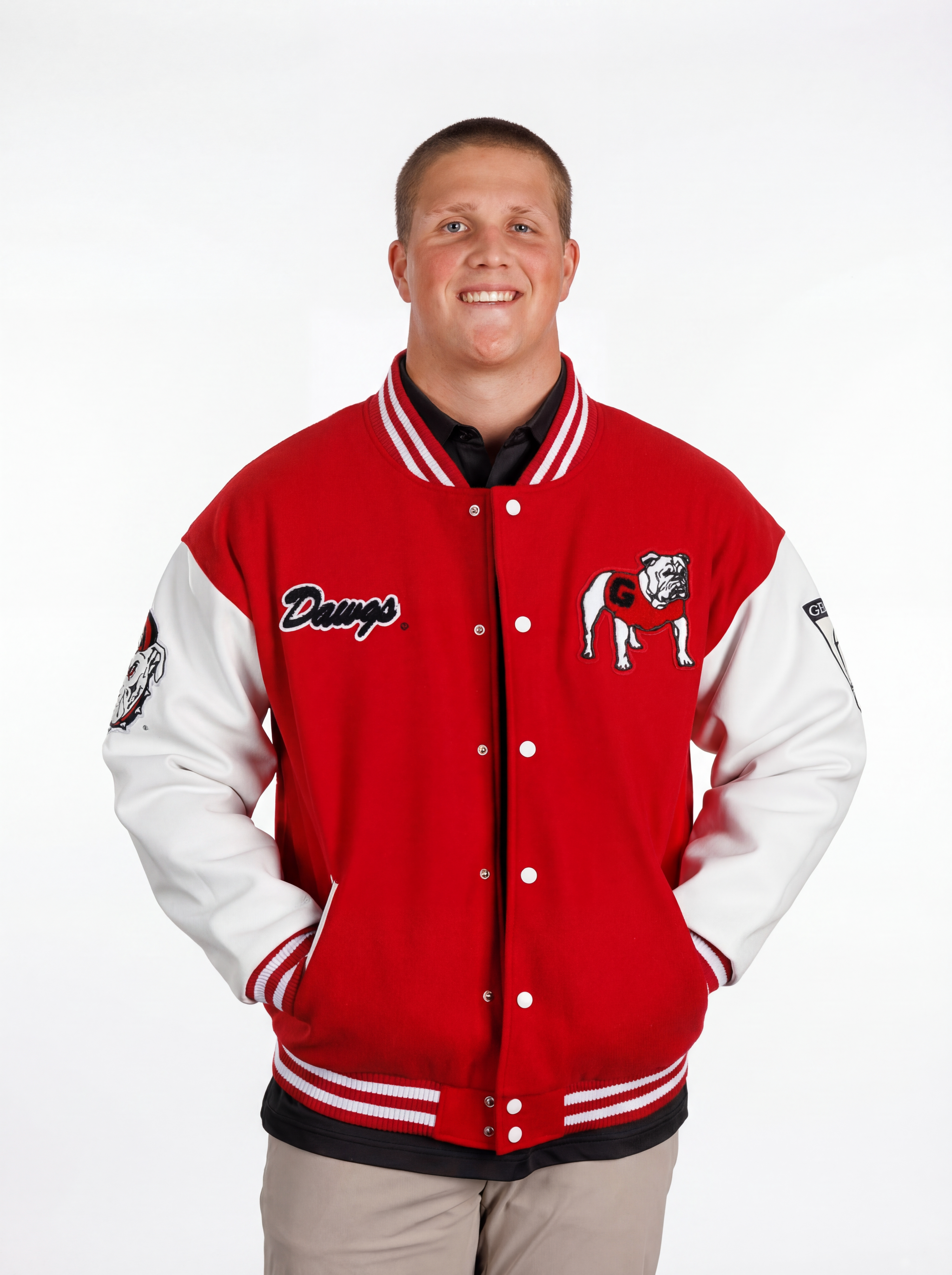 UGA Bulldogs men's Redline Varsity Letterman Jacket by Arena Graffiti with red and white team colors and letter patches.