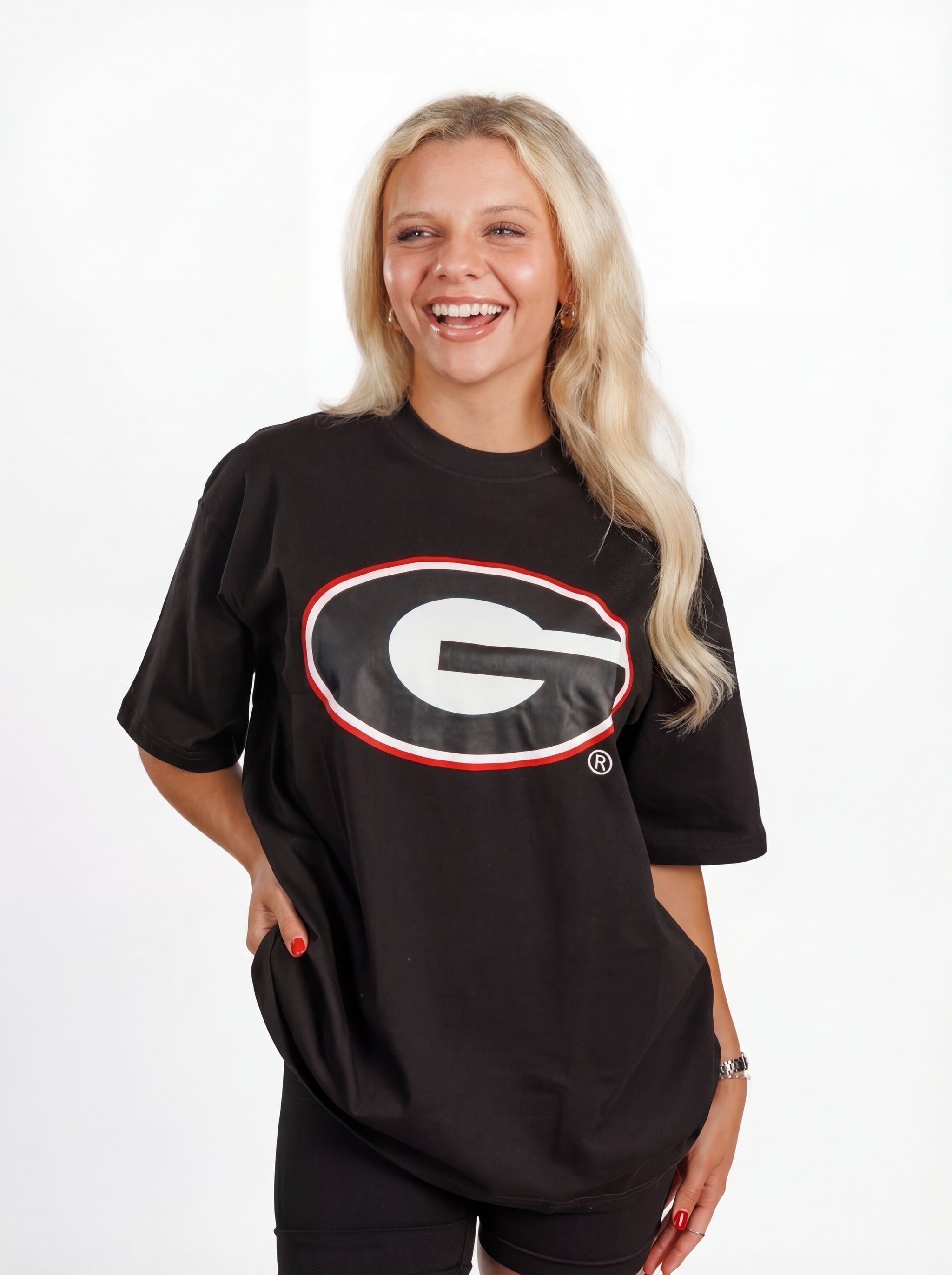 UGA Bulldogs women's "Oval Mark" tee by Arena Graffiti showing a casual fit with team logo and graphic design on front.