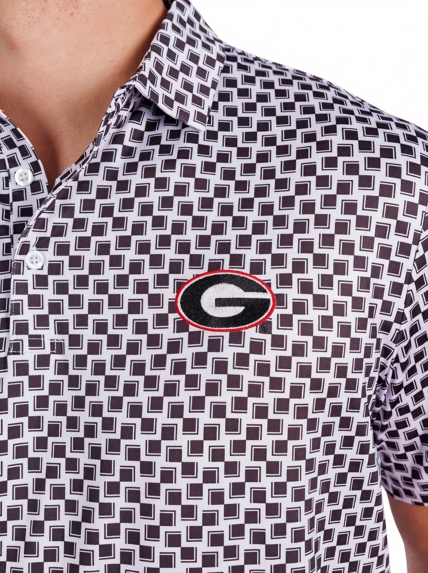 UGA Bulldogs men's checkered mark polo shirt by Arena Graffiti, featuring a classic checkered pattern and team logo.