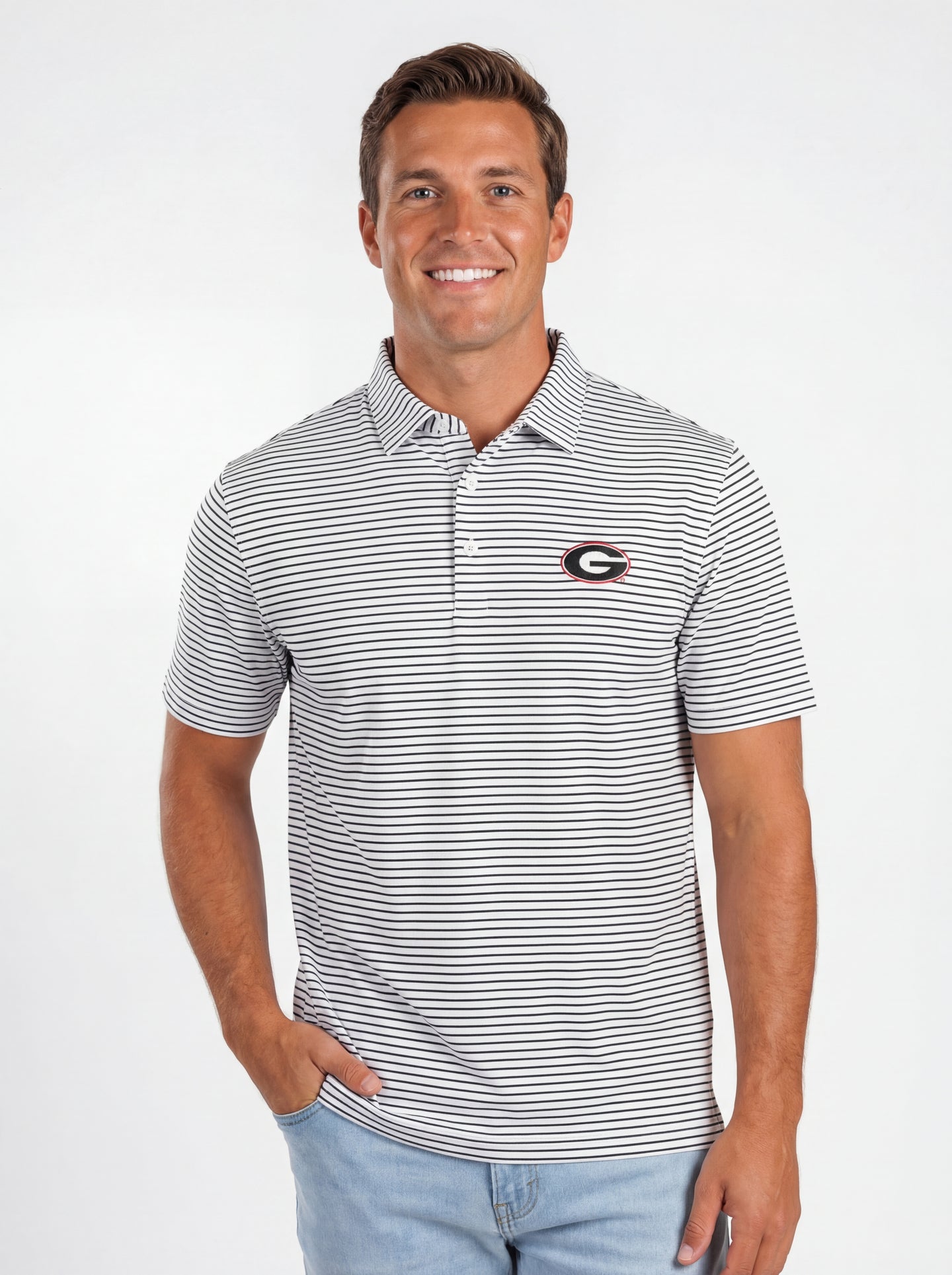 UGA Bulldogs men's Stripe Mark Polo by Arena Graffiti, featuring a striped design and classic collar on a casual men's shirt.