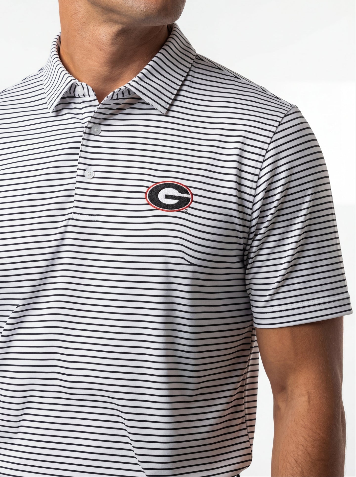 UGA Bulldogs men's "Stripe Mark" Polo shirt by Arena Graffiti, featuring a striped design and classic polo style.
