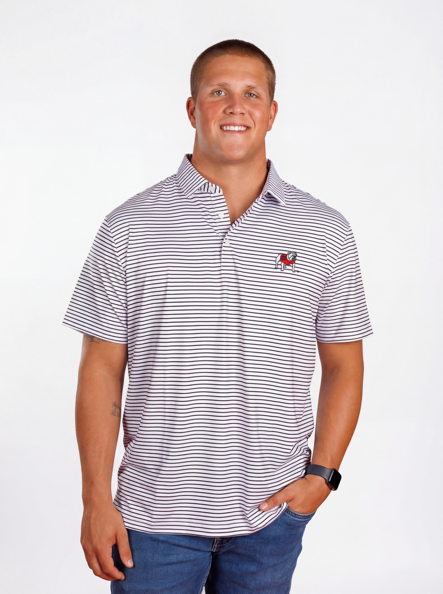 UGA Bulldogs men's Stripe Dawg polo shirt by Arena Graffiti, featuring team colors and sporty design, front view.