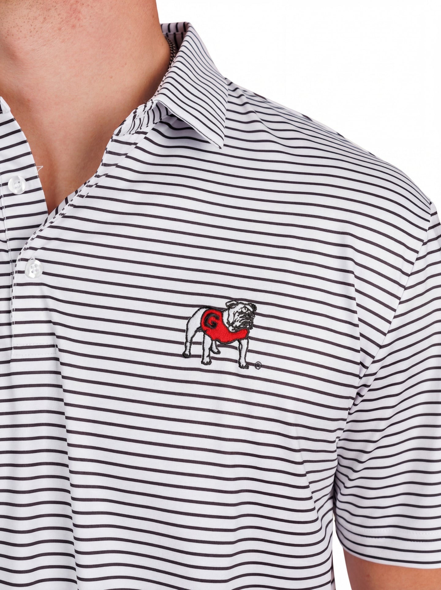 Men’s UGA Bulldogs “Stripe Dawg” Polo by Arena Graffiti, featuring a classic striped design and team logo on the chest.