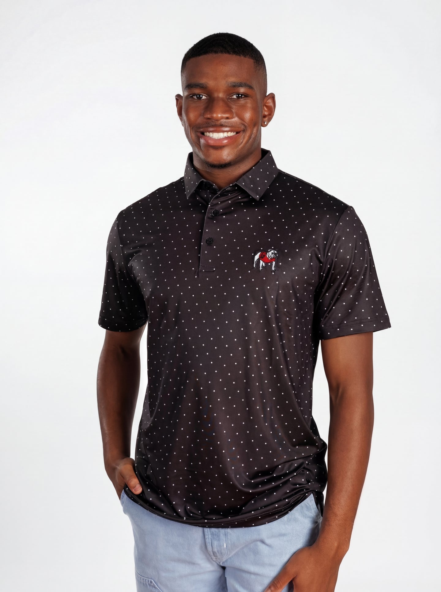 UGA Bulldogs men's Dot Dawg Polo shirt by Arena Graffiti, featuring a navy blue polo with UGA mascot design and logo.