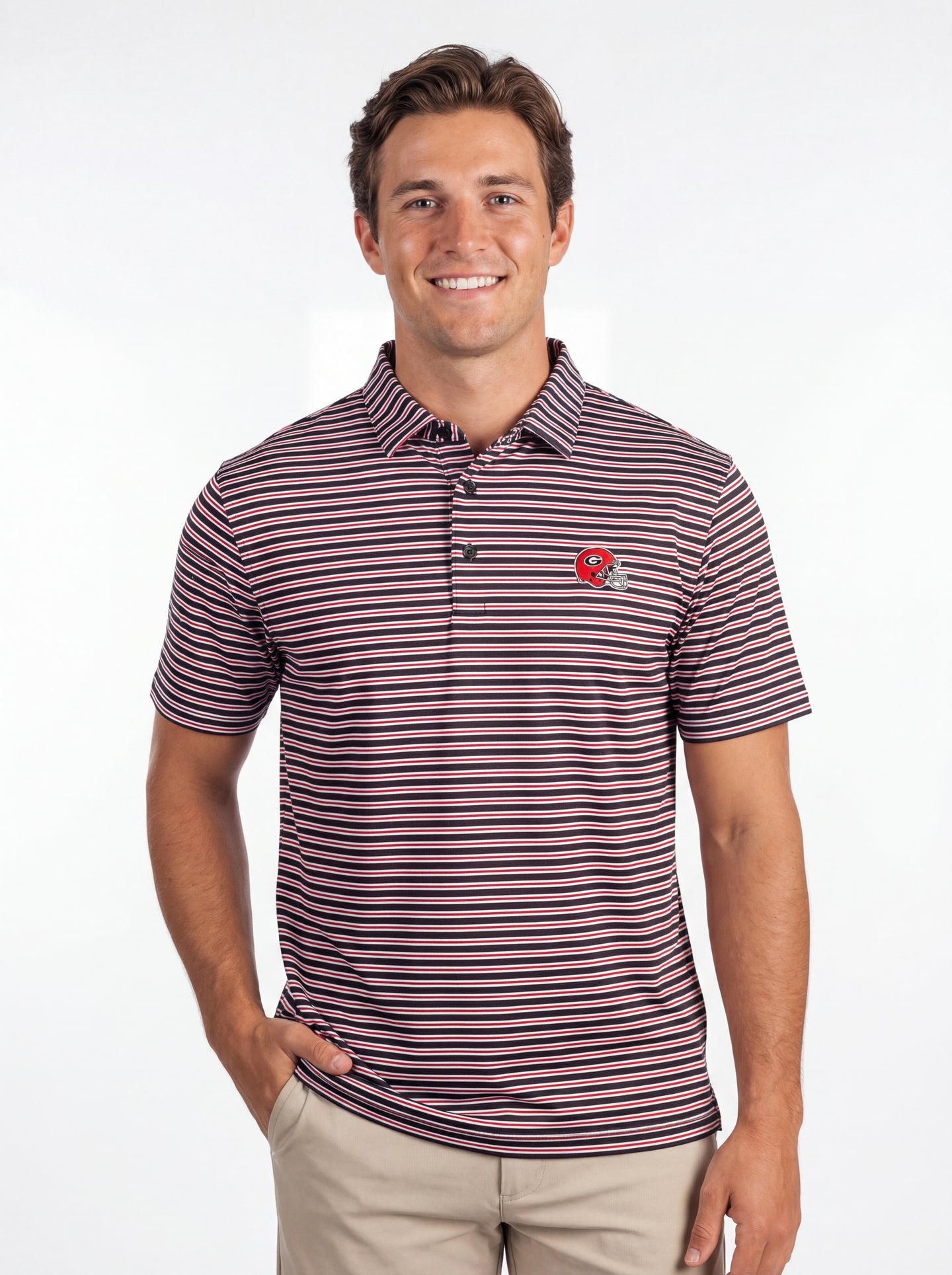 Men's UGA Bulldogs "Helmet Stripe" Polo by Arena Graffiti, featuring a polo shirt with UGA helmet stripe design and team logo.